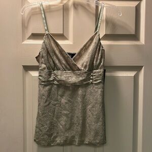 IZ sage green lace tank top with pearl type accents cream color lining size M